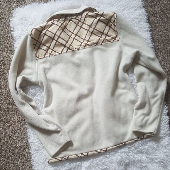 Snozu Fleece Jacket Cream and Brown Zip front Zip up Pockets Size Medium - Picture 7 of 8